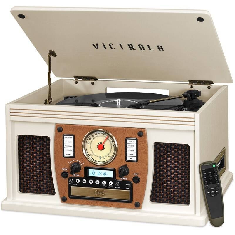 Multifunkčný retro gramofón Victrola VTA-600B v bielom prevedení s diaľkovým ovládačom