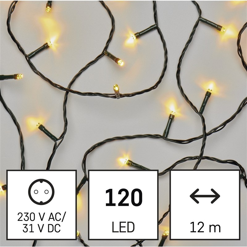 LED reťaz EMOS 120LED reťaz, 12 m, vonkajšia aj vnútorná, teplá biela, programy, časovač