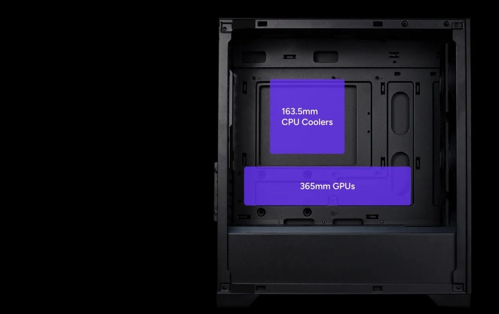 Obrázok ukazuje otvorenú čiernu počítačovú skriňu s fialovo zvýraznenými oblasťami označujúcimi priestor pre 163,5 mm chladiče CPU a GPU s dĺžkou až 365 mm.