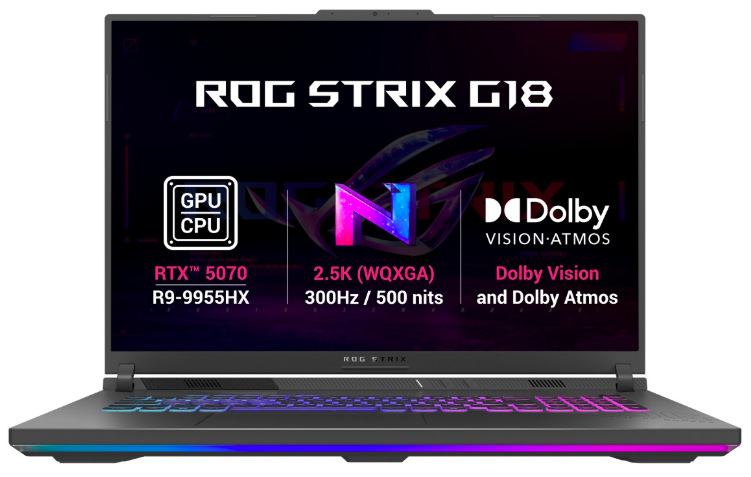 Notebook Asus ROG Strix G18 sivý Informačný panel notebooku ROG Strix G18 s údajmi o grafike, displeji a zvuku