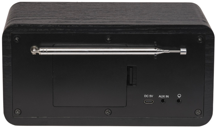 Internetový rádioprijímač s DAB+ Denver DIR-200 čierny Zadná strana rádia Denver DIR-200 s USB-C napájaním, AUX vstupom a slúchadlovým výstupom