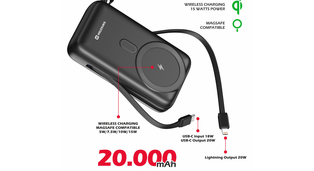 Powerbank Swissten 20000 mAh, PD 20W s integrovanými káblami USB-C a Lightning (kompatibilný s MagSafe) čierny