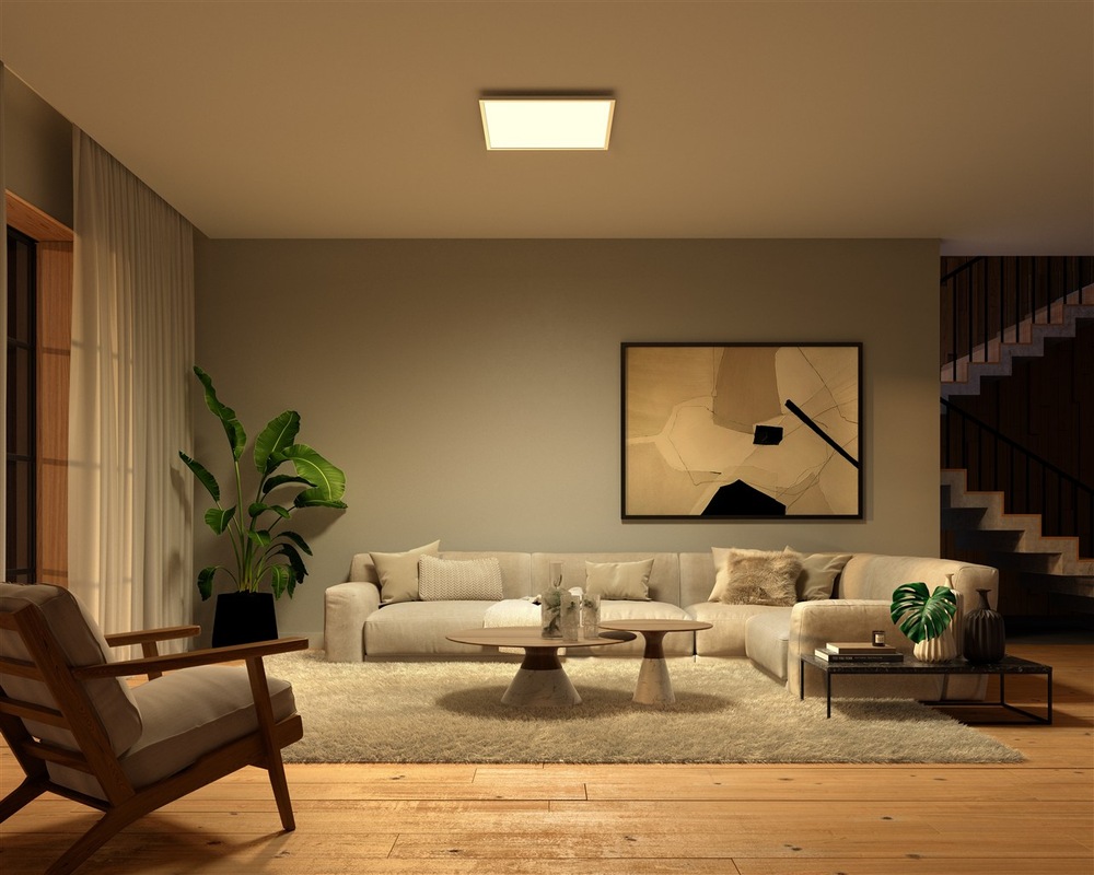 LED stropné svietidlo Philips Surimu Hue Panel, 60W, 60x60 cm, White and Color Ambiance biele Pohľad na obývaciu izbu nasvetlený osvetlením Philips Surimu Hue s bielym teplým svetlom