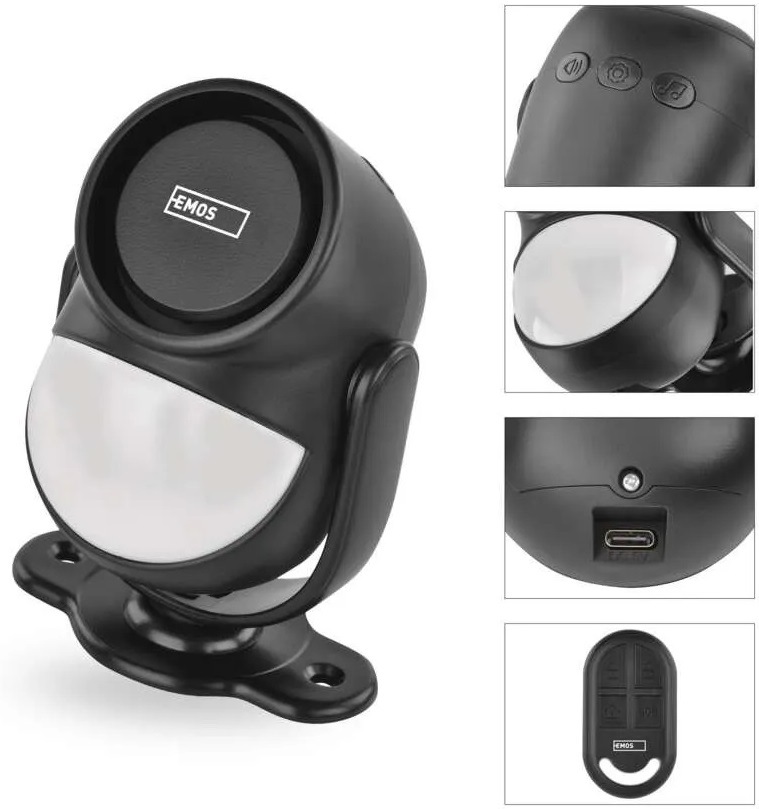 Alarm EMOS Kit, EM-125L Protector čierny Alarm EMOS Kit EM-125L Protector s detailom konštrukcie, ovládacích prvkov, svetla, USB-C konektora a diaľkového ovládača