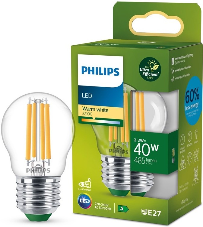 Žiarovka LED Philips 40W, filament, P45, E27, teplá biela