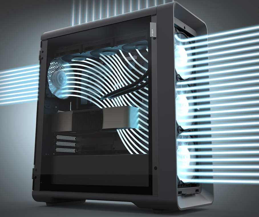 Case FSP CUT593A čierna Fortron CUT593A je osadená hneď štyrmi ARGB ventilátormi