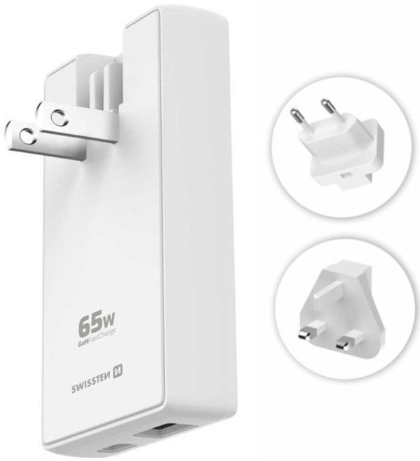 Cestovný adaptér Swissten s technológiou GaN a výkonom 65 W