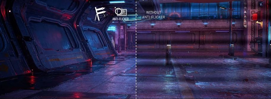 Rozdelený obraz zobrazuje sci-fi prostredie ulice mesta. Ľavá strana: plynulá, označená ako „Adaptívna synchronizácia“. Pravá strana: skreslená, označená ako „Trhanie obrazu“, čo zdôrazňuje vizuálne vylepšenie.