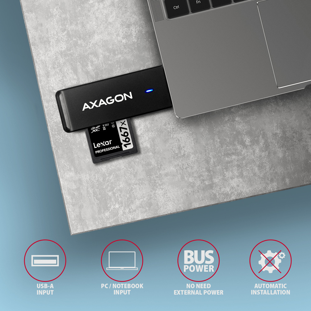 Čítačka pamäťových kariet Axagon Card Reader USB-A 3.2 Gen 1, 2-slot & lun SD/microSD, UHS-I čierna Axagon Card Reader USB-A 3.2 Gen 1 ťaží aj z univezálnej kompatibility