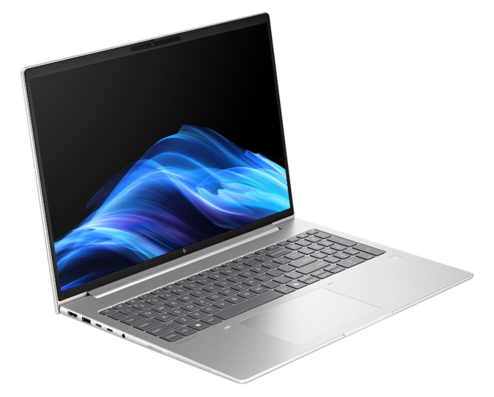 Notebook HP Elitebook 6 G1i 16" strieborný Otvorený a zapnutý notebook HP Elitebook 6 G1i 16" otočený doľava