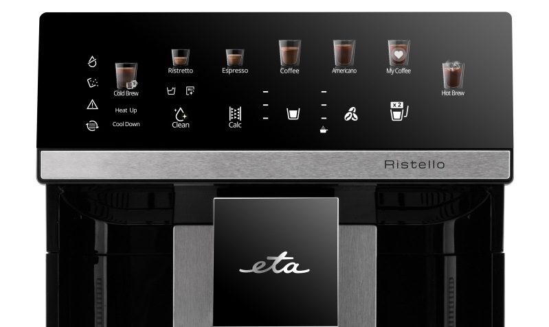 Automatický kávovar ETA Ristello 1173 90000 čierny Detailný predný pohľad na dotykový ovládací panel a výpusť kávovaru ETA Ristello s logom značky.