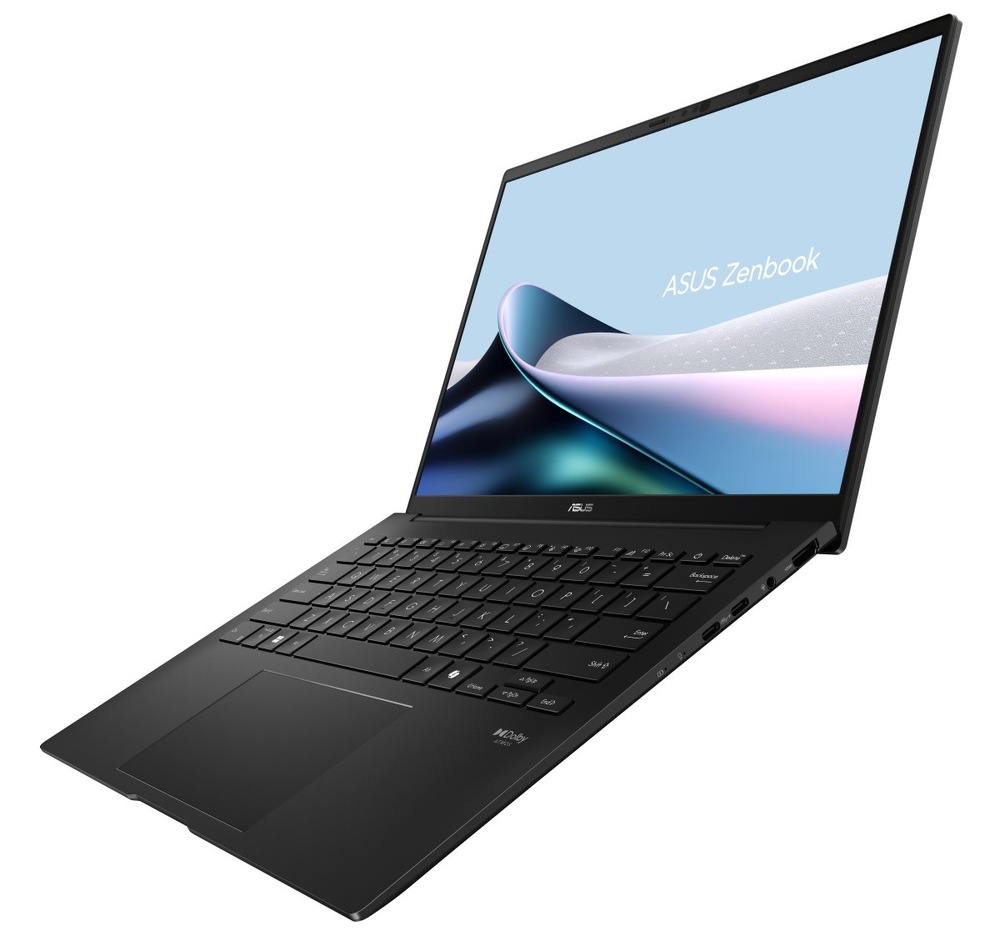 Otvorený a zapnutý notebook Asus Zenbook 14″ width=