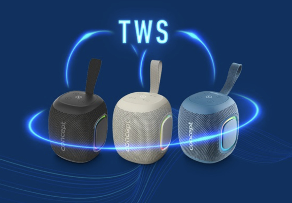 Prenosný reproduktor Concept SoundJoy BR5012 modrý Modely Concept SoundJoy BR5010, BR5011 a BR5012 znázornené s funkciou párovania TWS