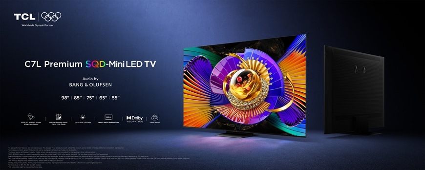 Televízia TCL 75C7L z radu C7L Premium QD MiniLED s výrazne farebným obrazom, zobrazená spredu aj zozadu s dôrazom na tenký dizajn a moderné technológie.