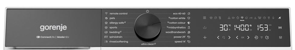 Práčka Gorenje G600 WG614A4P1 FastWashPro biela ovládací panel práčky Gorenje WG614A4P1 FastWashPro v čiernom prevedení.