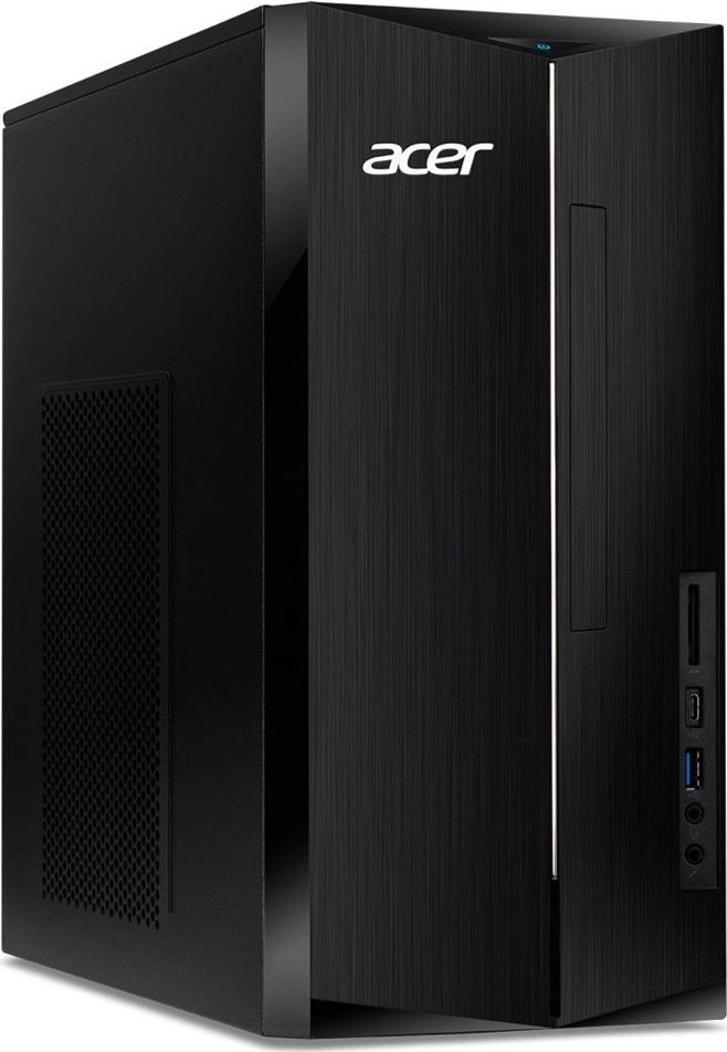 Stolný počítač Acer Aspire TC-1860 čierny Na obrázku je stolný počítač Acer Aspire TC-1860 v čiernom prevedení z predného šikmého pohľadu. Skriňa má vysoký hranatý tvar, jemne ryhovaný čelný panel, biele logo Acer a úzku striebornú linku uprostred. V pravej časti predného panelu je zvislá optická mechanika a nižšie konektorová výbava. Vidieť je úzky slot čítačky pamäťových kariet, port USB-C, jeden modro označený port USB-A a dva 3,5 mm audio konektory pre slúchadlá a mikrofón. Hore je modro podsvietené tlačidlo napájania. Ľavý bočný panel má veľkú perforovanú mriežku na odvetrávanie vnútorných komponentov.