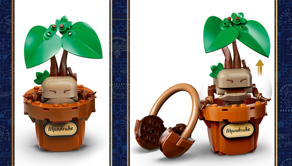 Stavebnica LEGO® Harry Potter™ 76474 Rostliny z hodiny bylinkářství v Bradavicích Deti si môžu scénu zo skleníka upraviť pomocou stola so zásuvkou, dekoratívnej viniča alebo chráničov na uši.