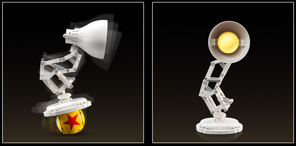 Luxo Jr. je možné vystaviť v rôznych pózach, napríklad na loptičke Pixar, ako by ju práve vyfukoval.