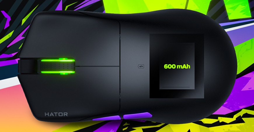 Myš HATOR Pulsar 3 ULTRA čierna Priehľadová vizualizácia batérie s označením 600 mAh vo vnútri HATOR Pulsar 3 Ultra 4K Wireless