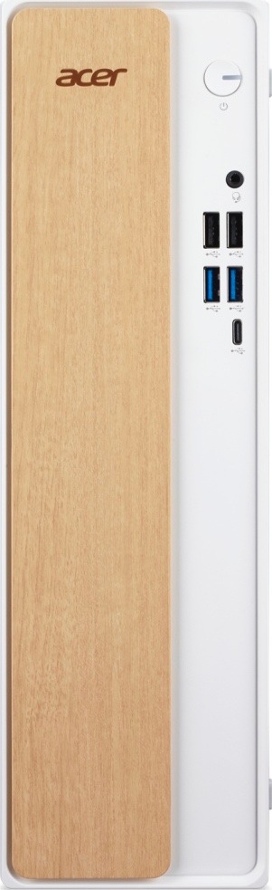 Čelný pohľad na počítač Acer Aspire XC-102. Vľavo je vysoký panel v dekore svetlého dreva s logom Acer, vpravo tlačidlo napájania, zvukový konektor, štyri porty USB-A a jeden USB-C.