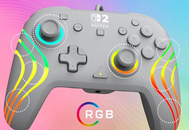 Gamepad Turtle Beach Afterglow Wave Wired RGB, NS2 sivý Osem RGB zón šedého gamepadu rozmiestnených okolo analógových páčok a pozdĺž oboch rukovätí