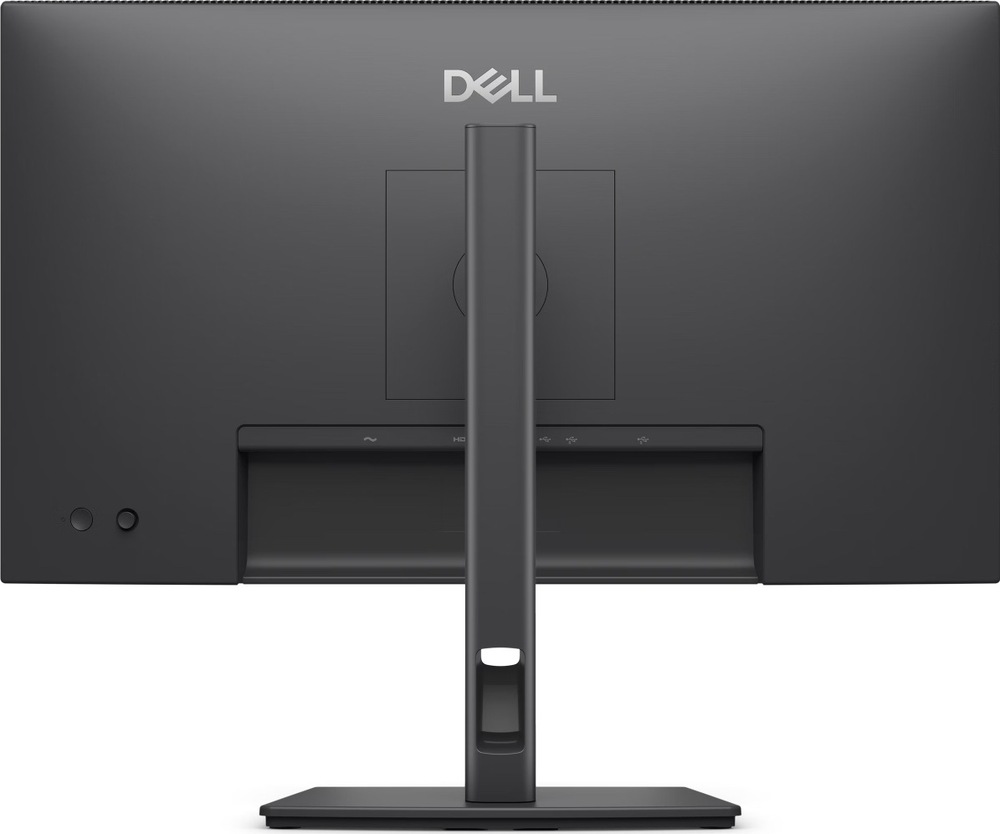 Zadný pohľad na čierny monitor Dell Pro P2426H so stredovým stojanom, otvorom na vedenie káblov, uchytením VESA a zapusteným panelom s napájacími, obrazovými a USB portami.