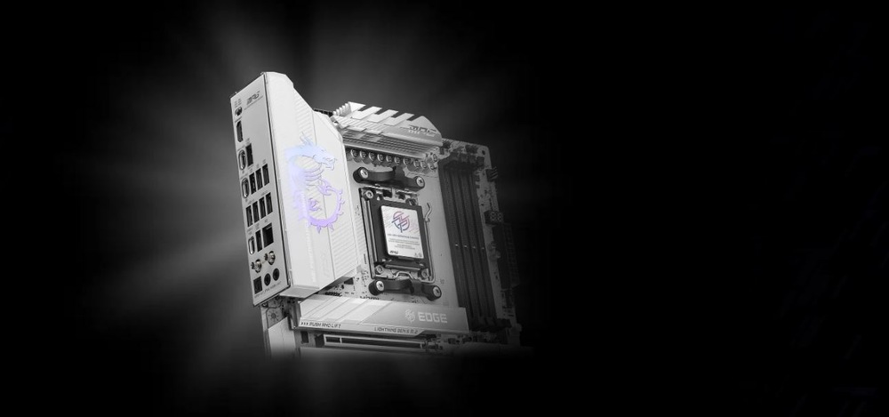 Základná doska MSI MPG X870E EDGE TI WIFI Futuristická základná doska s kovovou povrchovou úpravou, žiariacim motívom draka a elegantným dizajnom na tmavom, čiastočne žiarivom pozadí.