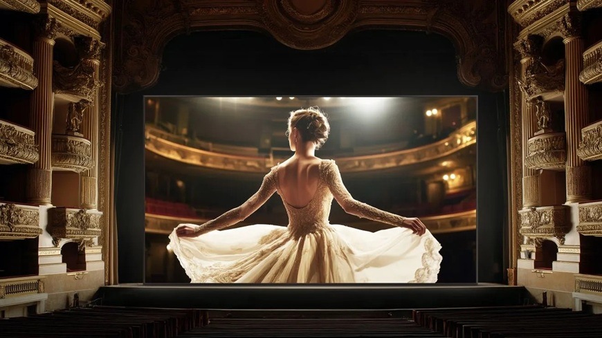 Televízor Hisense 136MX „Televízia Hisense 136MX premieta scénu baletky na divadelnom javisku, kde vynikajú jemné detaily šiat, teplé osvetlenie a hĺbka priestoru.Veľkoformátový obraz evokuje skutočný kinozážitok a zdôrazňuje vysoký kontrast aj realistické podanie farieb.