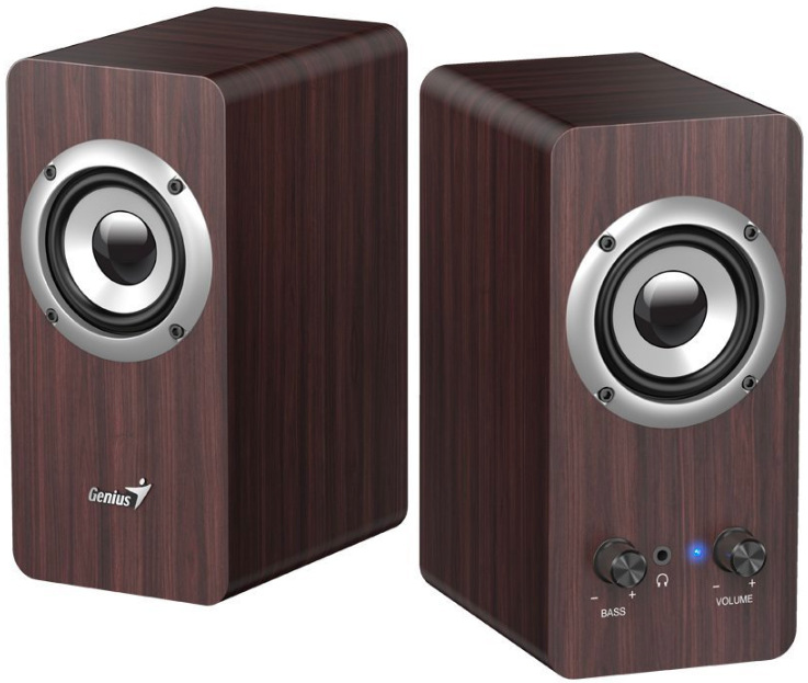 Reproduktory Genius SP-HF400 Dark wood hnedé Šikmý pohľad na reproduktory Genius SP-HF400 Dark Wood s drevenou ozvučnicou