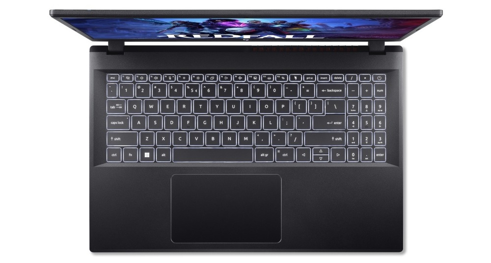 Pohľad zhora na bielo podsvietenú klávesnicu notebooku Acer Nitro V 15 (ANV15-41-R6WB)