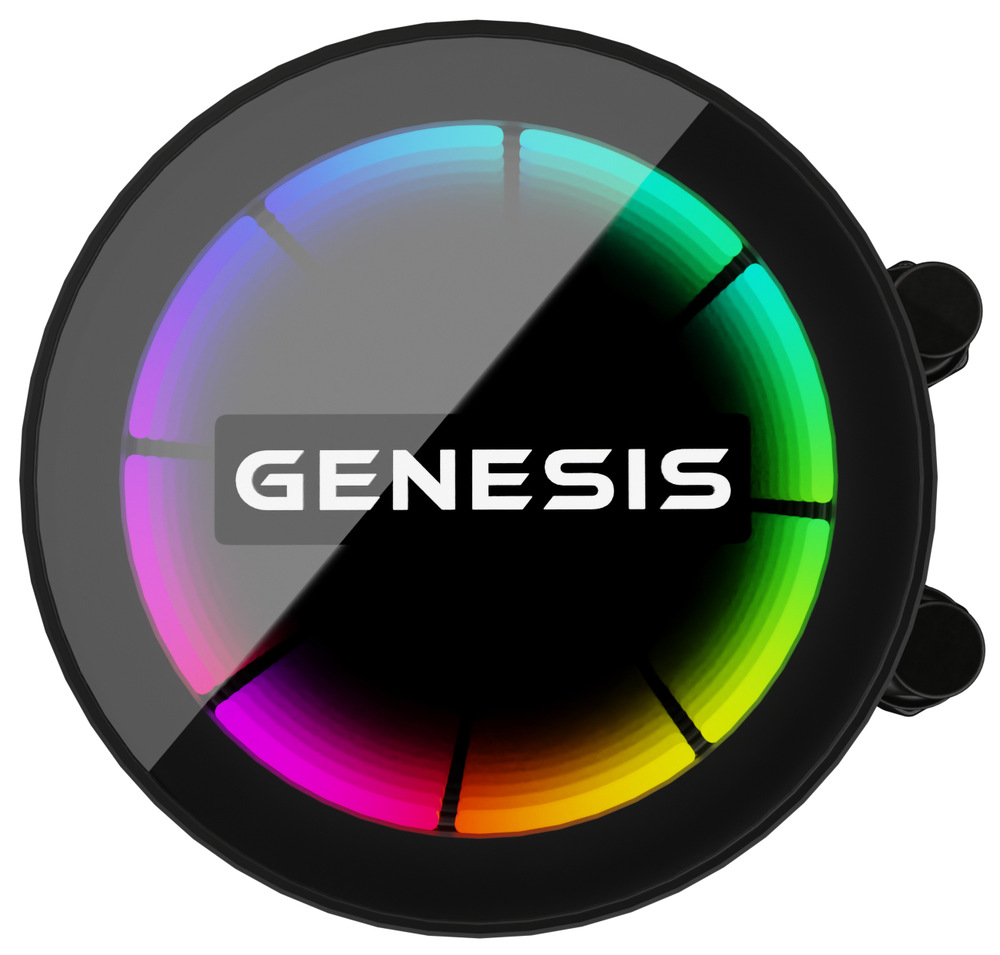 Vodný chladič Genesis HYDRIA 360 ARGB čierny Na obrázku je okrúhly blok pumpy vodného chladiča s lesklým čiernym povrchom. Uprostred je biele logo GENESIS a po obvode svieti farebný RGB kruh s plynulým prechodom farieb od fialovej cez modrú, zelenú až po žltú a oranžovú. Celok pôsobí moderne a výrazne.