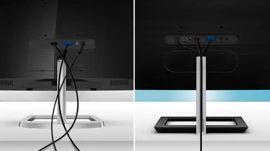 Monitor Philips 272E1CA Klasický monitor zozadu s káblami a monitor Philips 272E1CA s usporiadanými káblami