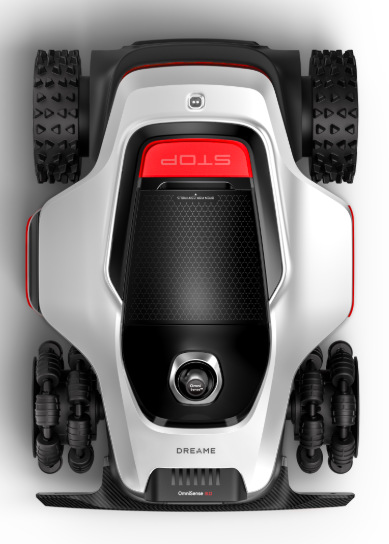Robotická kosačka Dreame A3 AWD Pro 2500 Horný pohľad na Dreame A3 AWD Pro 2500 s LiDAR senzorom a centrálnym tlačidlom STOP