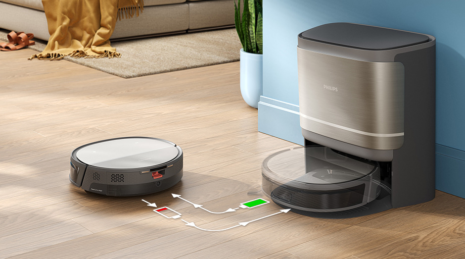 Robotický vysávač Philips XU9100/10 nerez Robotický vysávač so stanicou Philips XU9100/10 zachádza do nabíjacej stanice
