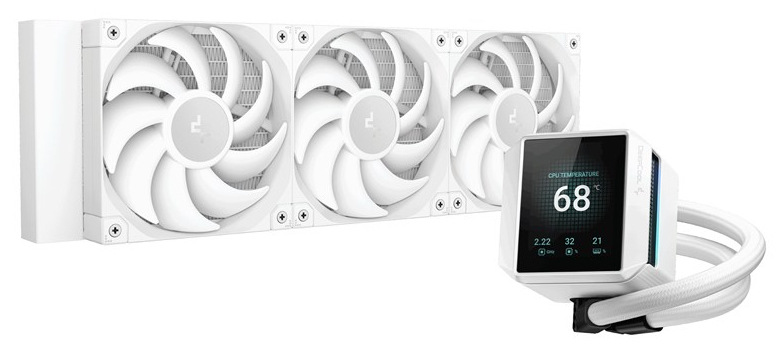 Vodný chladič DeepCool MYSTIQUE 360 biely Na obrázku je vodný chladič procesora DeepCool MYSTIQUE 360 v bielom prevedení. Skladá sa z dlhého radiátora s tromi veľkými ventilátormi pod sebou a z hranatej pumpy spojenej s radiátorom dvojicou ohybných hadíc. Na čelnej strane pumpy je výrazný displej, ktorý zobrazuje teplotu 68 stupňov a ďalšie malé prevádzkové údaje. Produkt pôsobí moderne, výkonne a prémiovo.