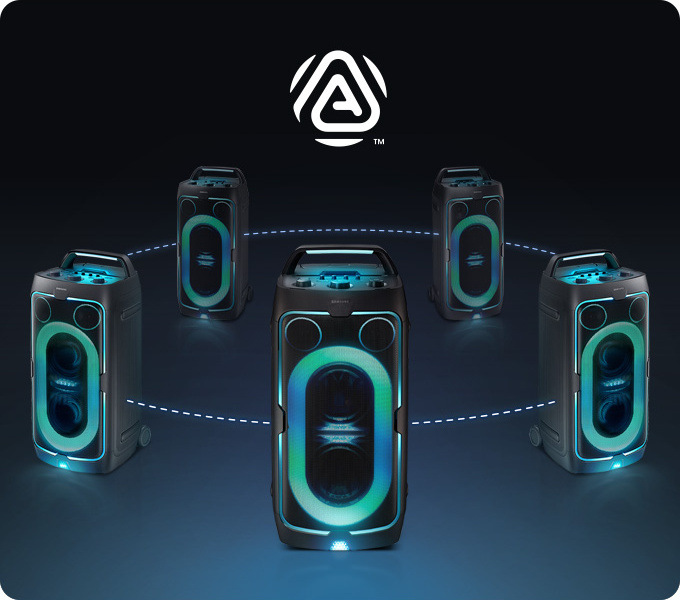 Párty reproduktor Samsung Sound Tower MX-ST50F čierny Päť reproduktorov Samsung MX-ST50F je rozostavaných v kruhu a sú spojené prerušovanou čiarou, nad nimi je logo technológie Auracast