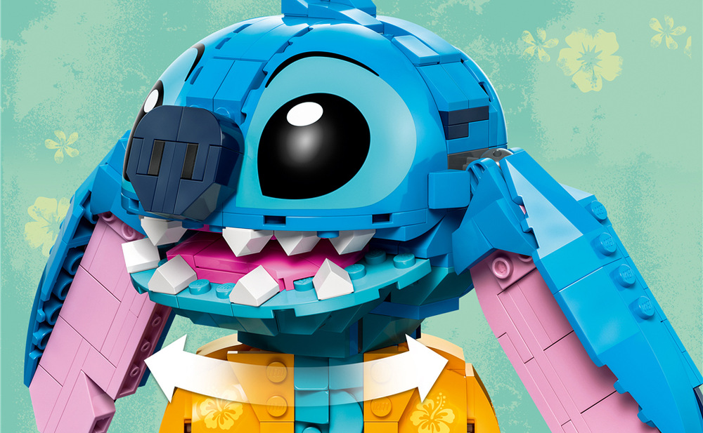 Stavebnica LEGO® │ Disney 43249 Stitch Otočná hlava, pohyblivé uši, kvetina a zmrzlina umožňujú deťom meniť Stitchov výraz aj výslednú pózu.