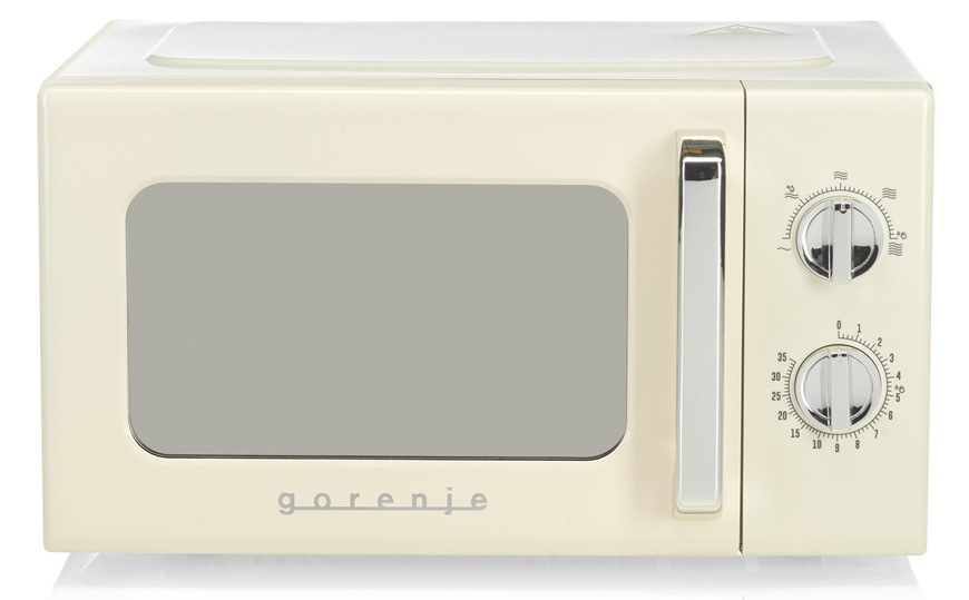Predný pohľad na retro mikrovlnnú rúru Gorenje GORMO20E1HRL v bielom prevedení.
