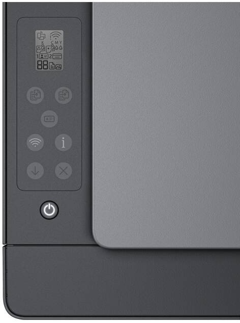 Detail ovládacieho panela tlačiarne HP Smart Tank 581 s ikonami.