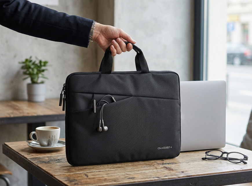 Puzdro na notebook GoGEN Sleeve Pro 13" čierne Praktické predné vrecko ponúka rýchly prístup k nabíjačke, slúchadlám, telefónu alebo ďalším drobnostiam