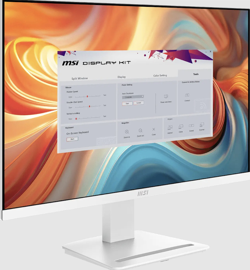 Monitor MSI PRO MP273W E14A biely Monitor MSI PRO MP273W E14A so zobrazenou aplikáciou MSI Display Kit pre nastavenie pracovnej plochy a obrazu