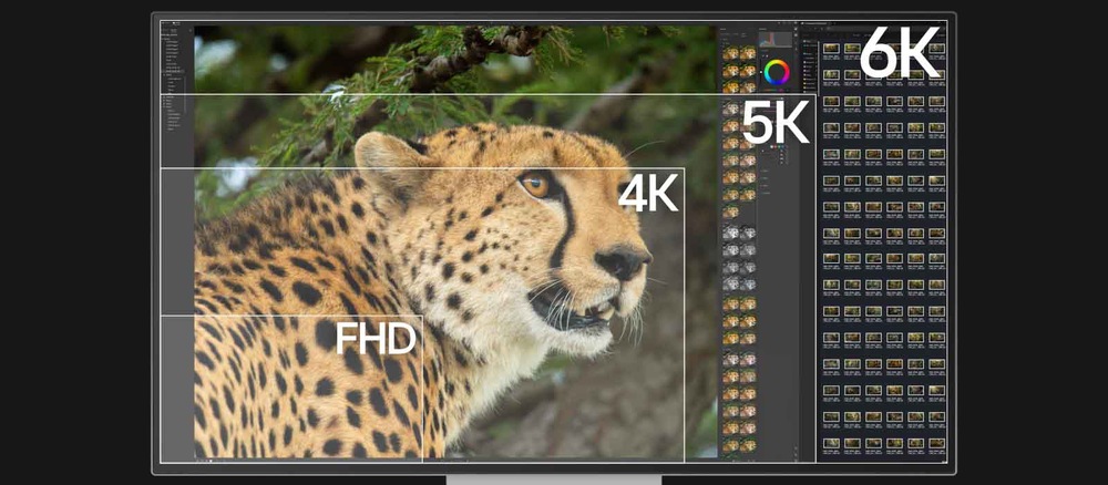 Vidíme obrázok geparda na monitore s rôznymi rozlíšeniami obrazovky: FHD, 4K, 5K a 6K. Obraz je jasný a dokonale detailný.