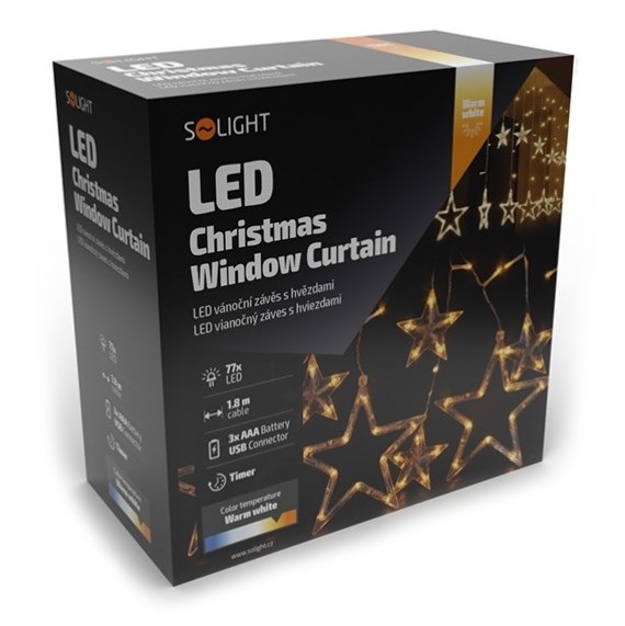Vianočné osvetlenie Solight záves - hviezdy, šírka 1,8m, 77LED, IP20, 3xAA, USB