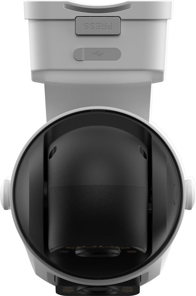 IP kamera Imou AOV Dual biela Detail spodnej strany IP kamery Imou AOV Dual ukazuje otočný kamerový modul vo vnútri čierneho krytu. Hore je vidieť montážnu časť s tlačidlom „PRESS“ a krytkou USB. Dole sú čiastočne vidieť oba objektívy a prisvetľovacie LED diódy.
