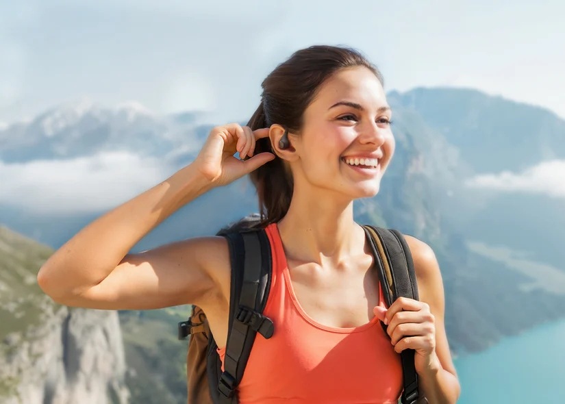 Slúchadlá OneOdio OpenRock S2 – Športové otvorené bezdrôtové slúchadlá s Bluetooth biela Smejúca sa žena v horách aktivuje samospúšť fotoaparátu pomocou slúchadla OneOdio OpenRock S2