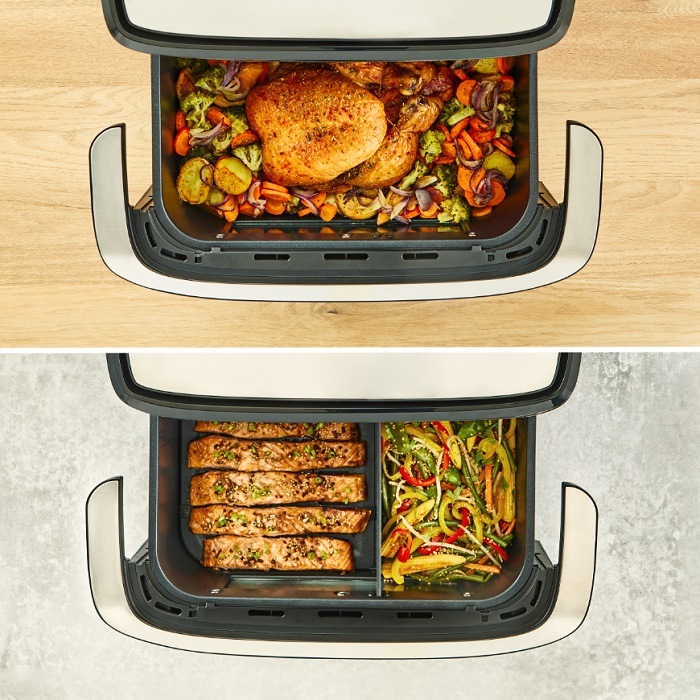 Jedna veľká a rozdelená priehradka plná uvarených pokrmov v teplovzdušnej rúre Tefal EY922DE0 Dual Easy Fry Flex