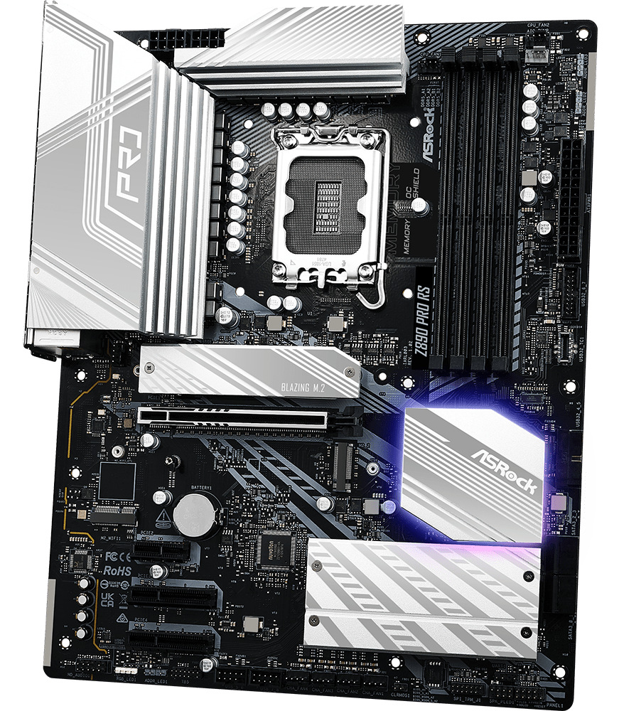 Základná doska ASRock Z890 PRO RS Základná doska ASRock Z890 PRO RS s päticou Intel LGA1851, štyrmi DDR5 slotmi, masívnymi pasívami VRM, chladičmi M.2 a PCIe x16 slotmi