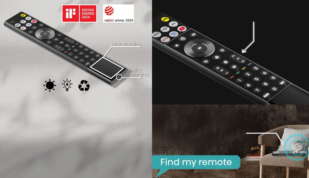 diaľkový ovládač Solar Remote k televízii Hisense. Je vidieť nabíjanie pomocou solarného žiarenia alebo USB-C.