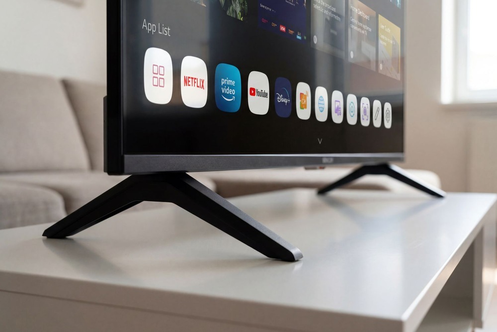 Televízor Sencor SLE 55US804B Spodná časť chytrej televízie Sencor SLE 55US804B zdôrazňujúci bezrámčekový dizajn a modernú konštrukciu.