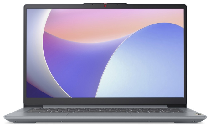 Notebook Lenovo IdeaPad Slim 3 14AMN8 sivý Čelný pohľad na otvorený notebook Lenovo IdeaPad Slim 3 14AMN8 so zapnutým displejom